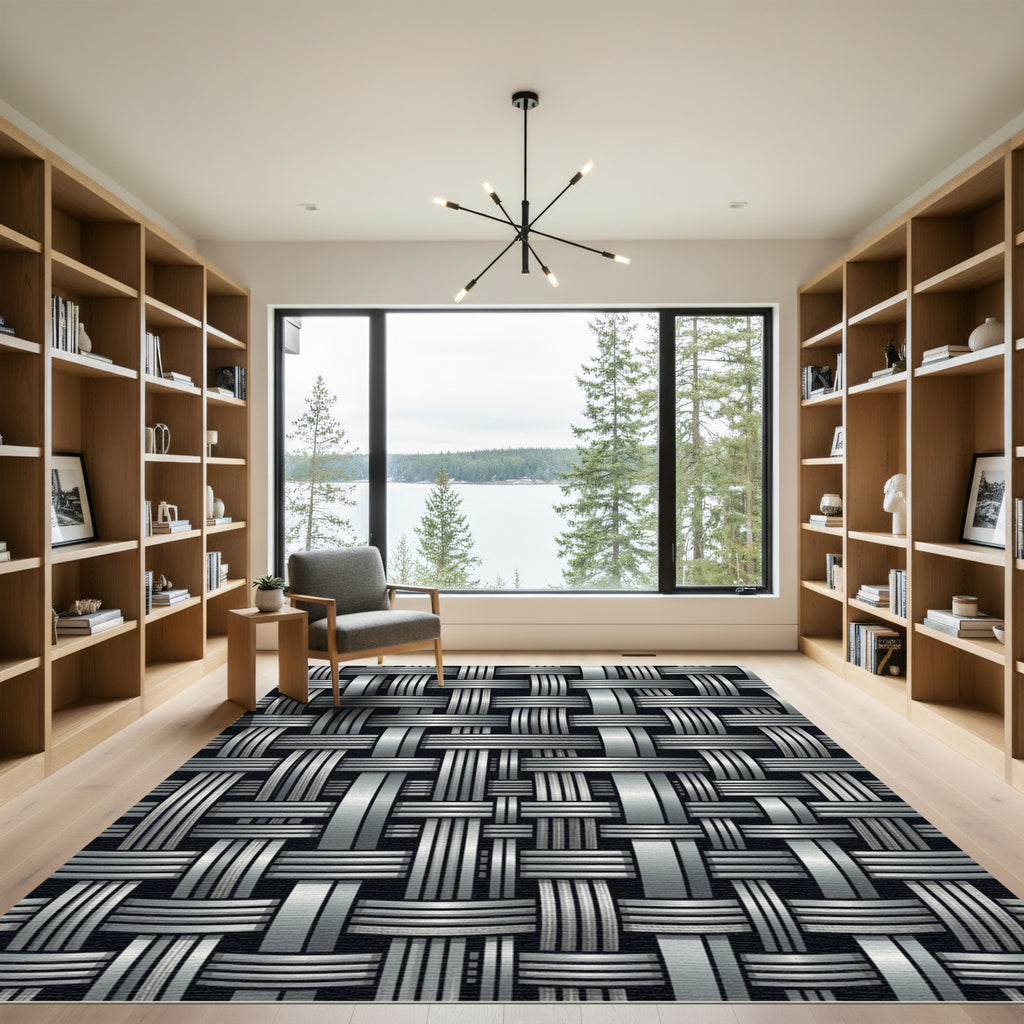 Metallic Silver Interwoven Geometric Grid Rug