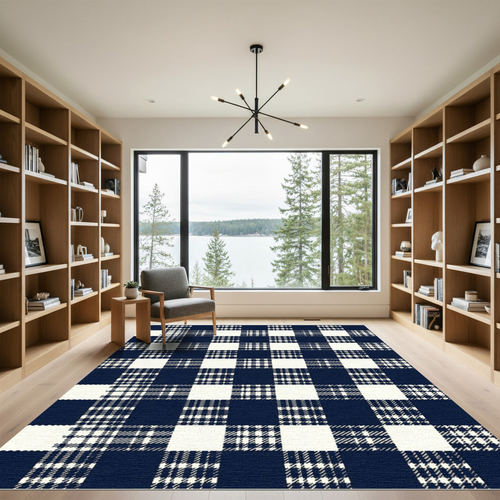 Navy and White Gingham Checkered Rug
