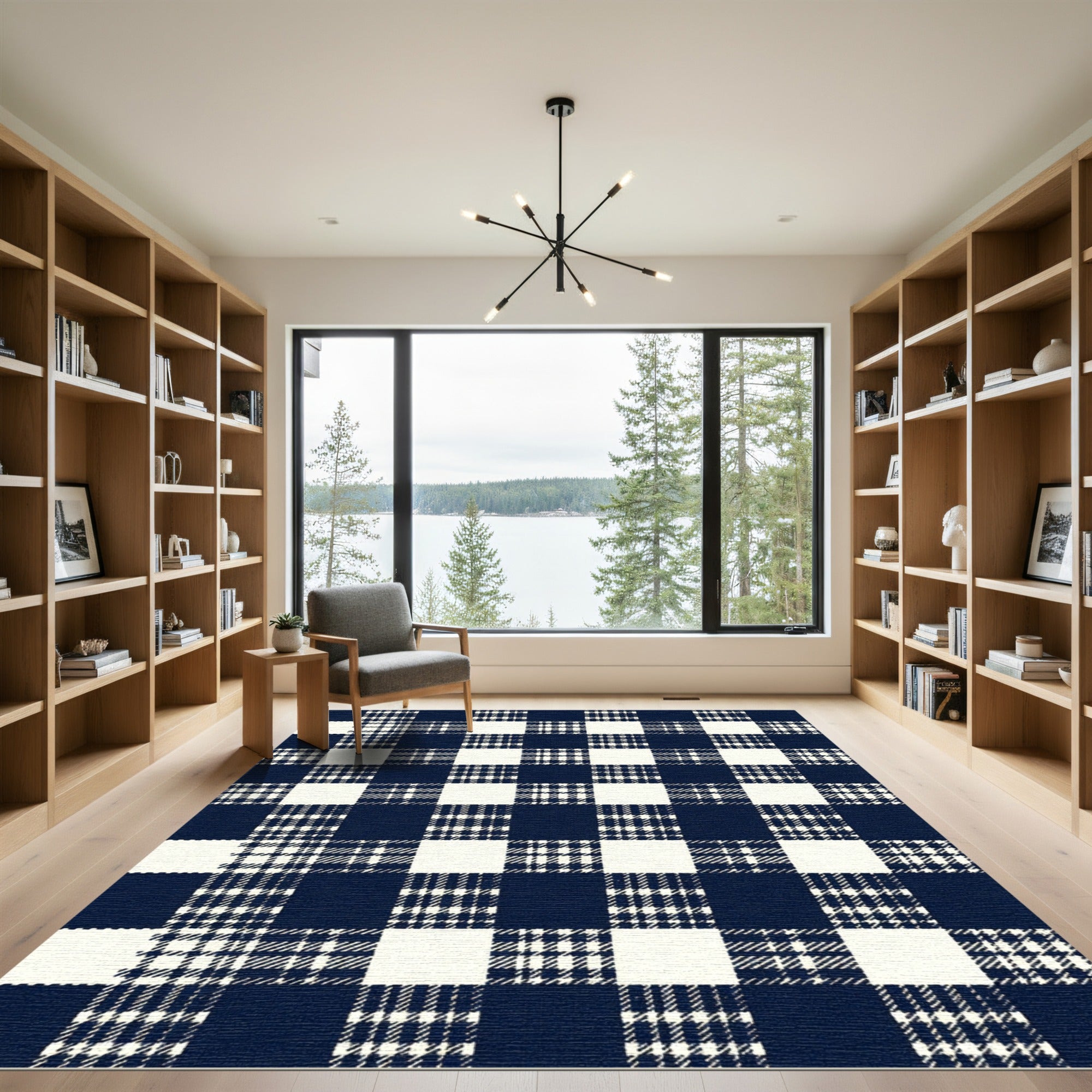 Navy and White Gingham Checkered Rug