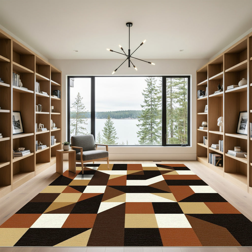 Brown Cream Geometric Cubist Shapes Rug
