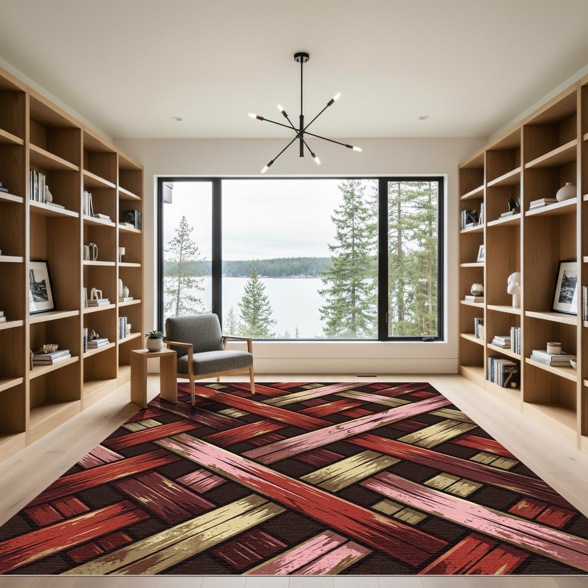 Woven Crimson and Golden Diagonal Lattice Rug