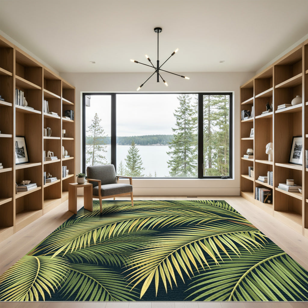 Lush Green Palm Fronds Verdant Background Rug