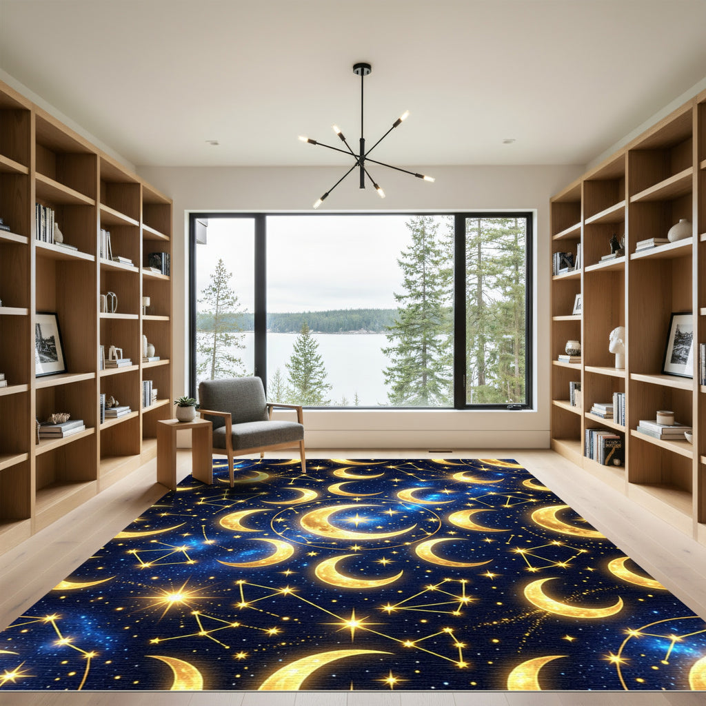 Golden Crescent Moon Celestial Starry Sky Rug