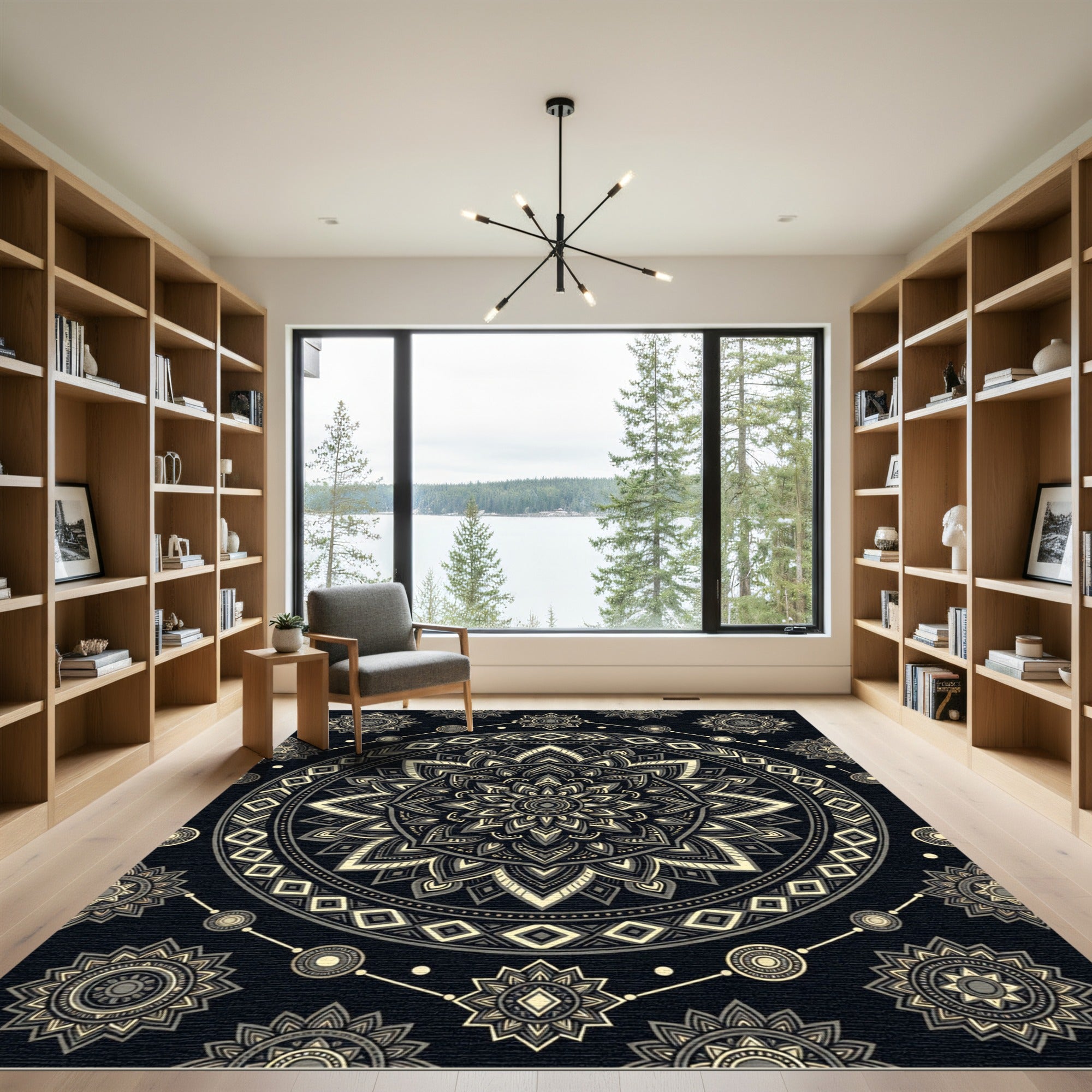 Monochrome Geometric Mandala Floral Medallion Rug