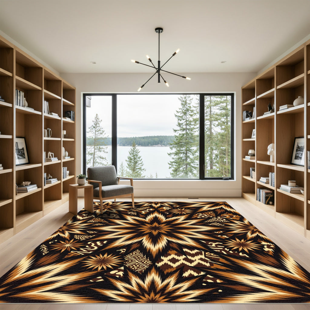 Expansive Brown Sunburst Tribal Rug