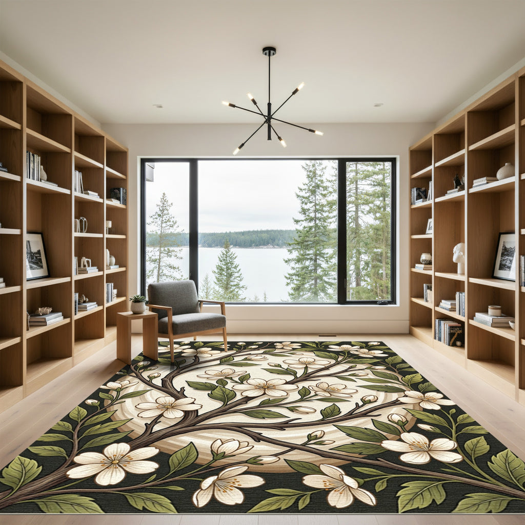 Botanical Cherry Blossom Branch Cream Illustration Rug