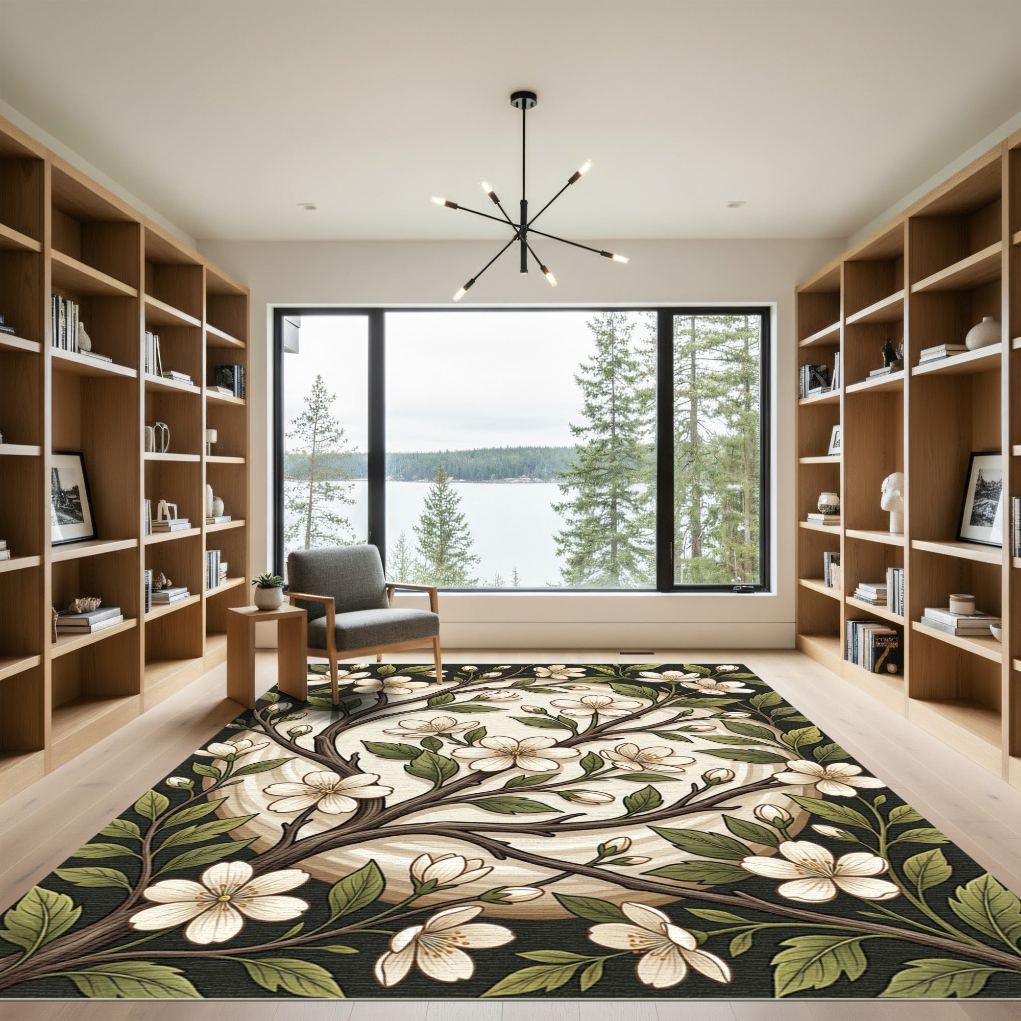 Botanical Cherry Blossom Branch Cream Illustration Rug