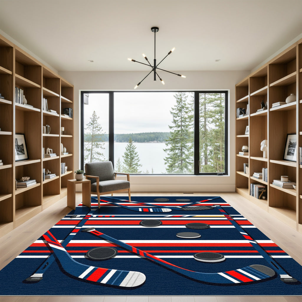 Red White and Blue Hockey Play Rug