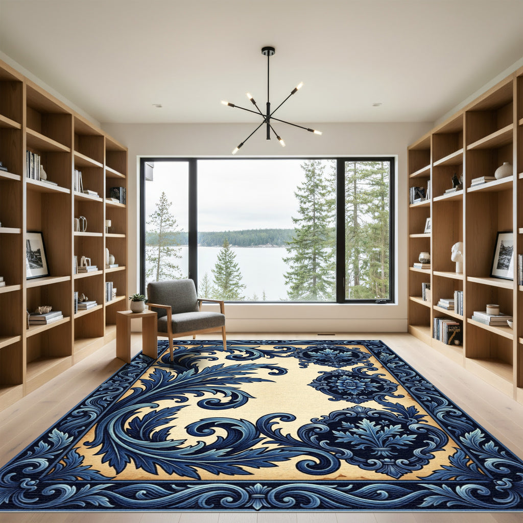 Elegant Navy Blue Acanthus Scroll Damask Rug