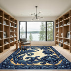 Elegant Navy Blue Acanthus Scroll Damask Rug