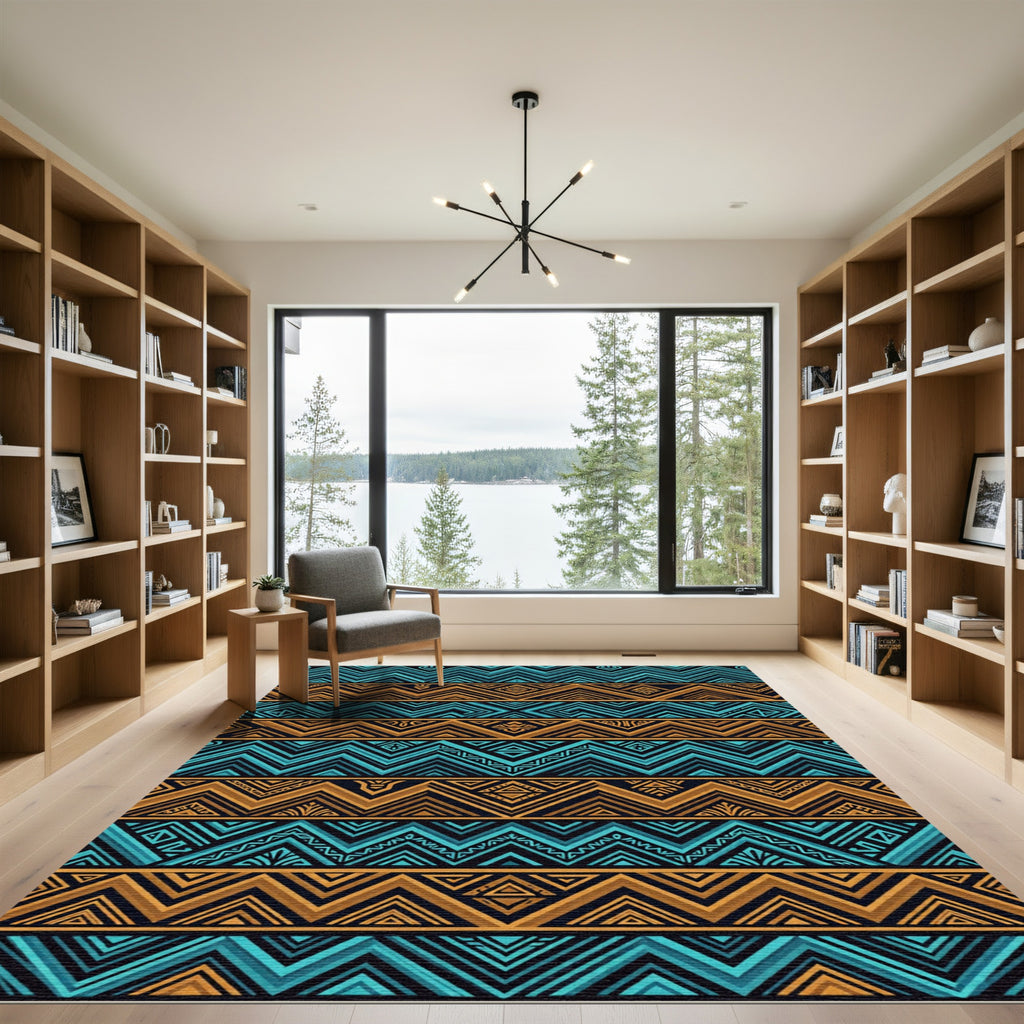 Geometric Aqua and Bronze Zigzag Chevron Rug