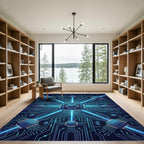 Neon Blue Cybernetic Circuit Grid Rug