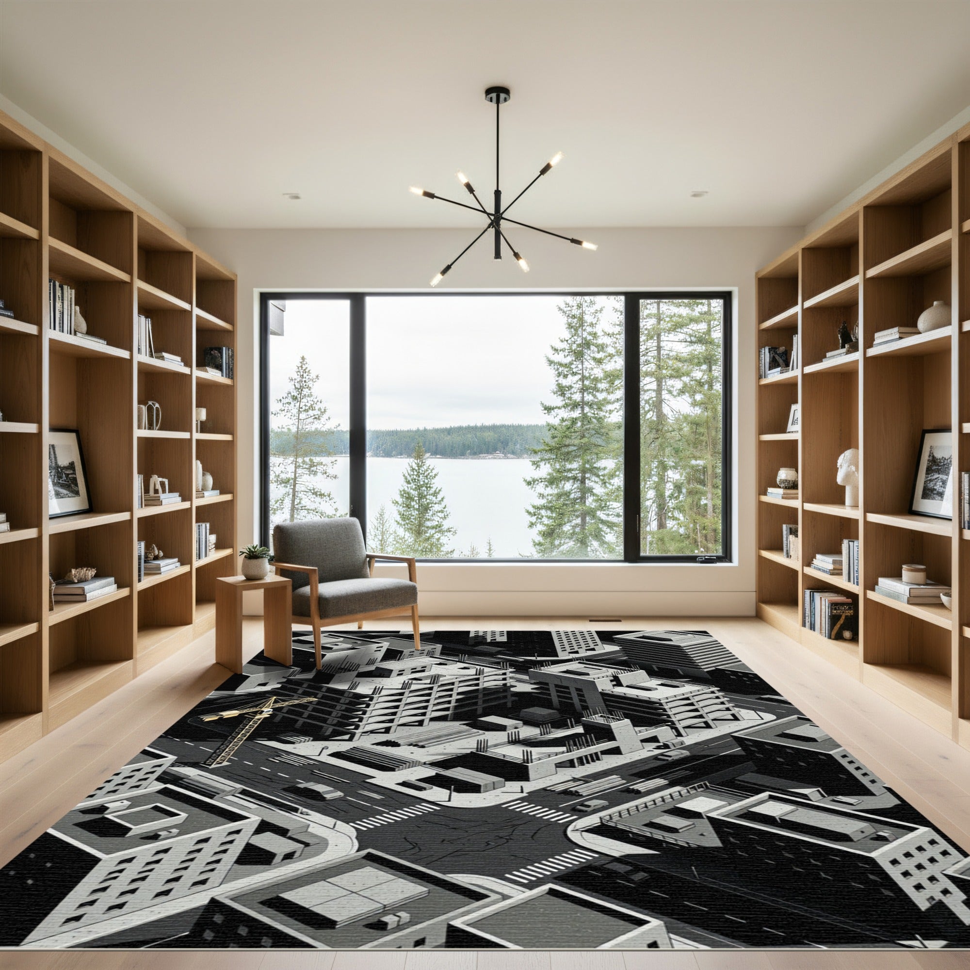 Monochromatic Isometric Cityscape Construction Rug