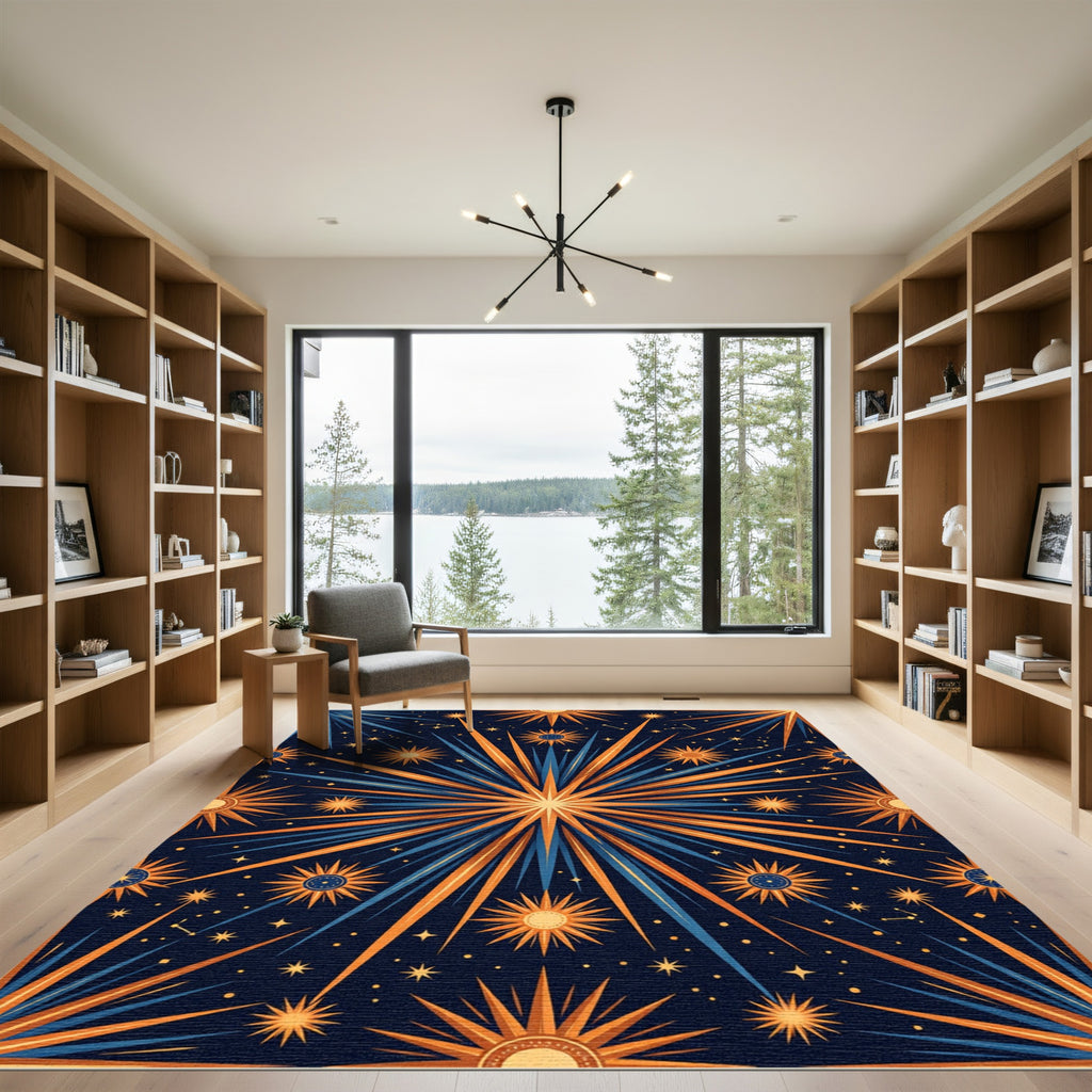 Cosmic Golden Blue Celestial Sunburst Rug