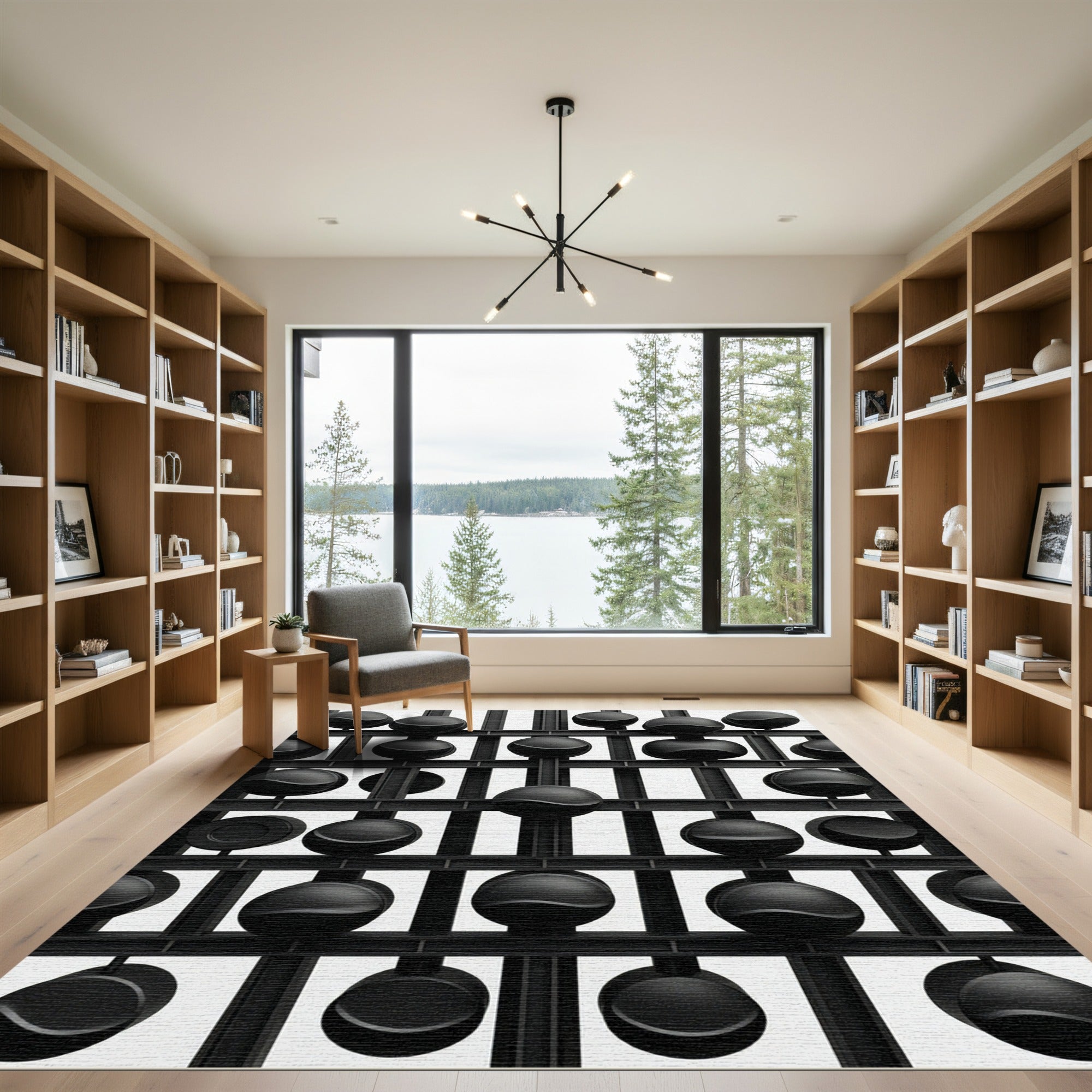 Monochromatic Black Sphere Grid Rug