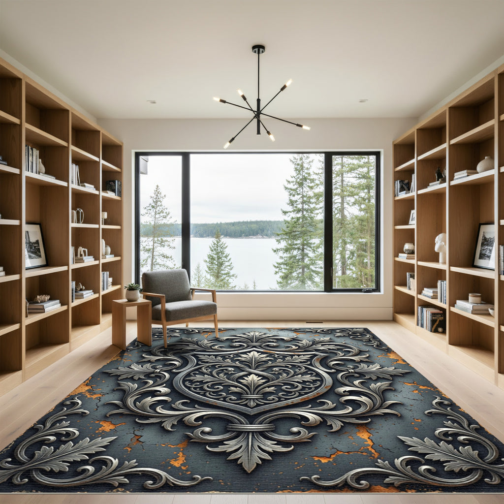Silver Baroque Filigree Slate Damask Rug