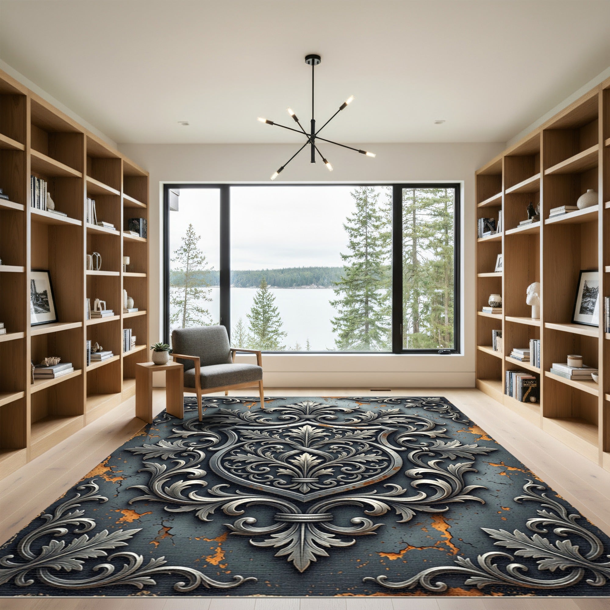 Silver Baroque Filigree Slate Damask Rug