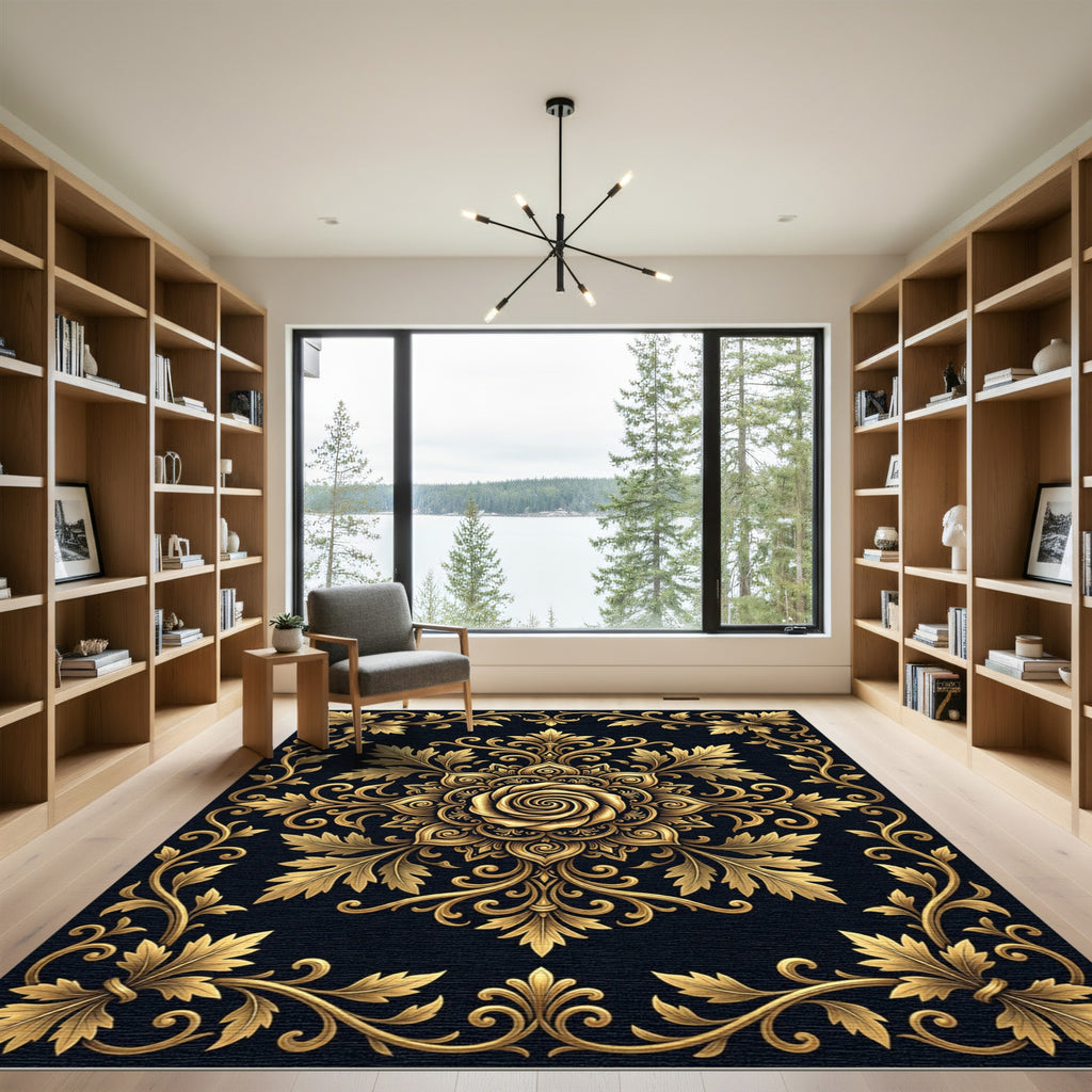 Ornate Gold Floral Rose Medallion Rug