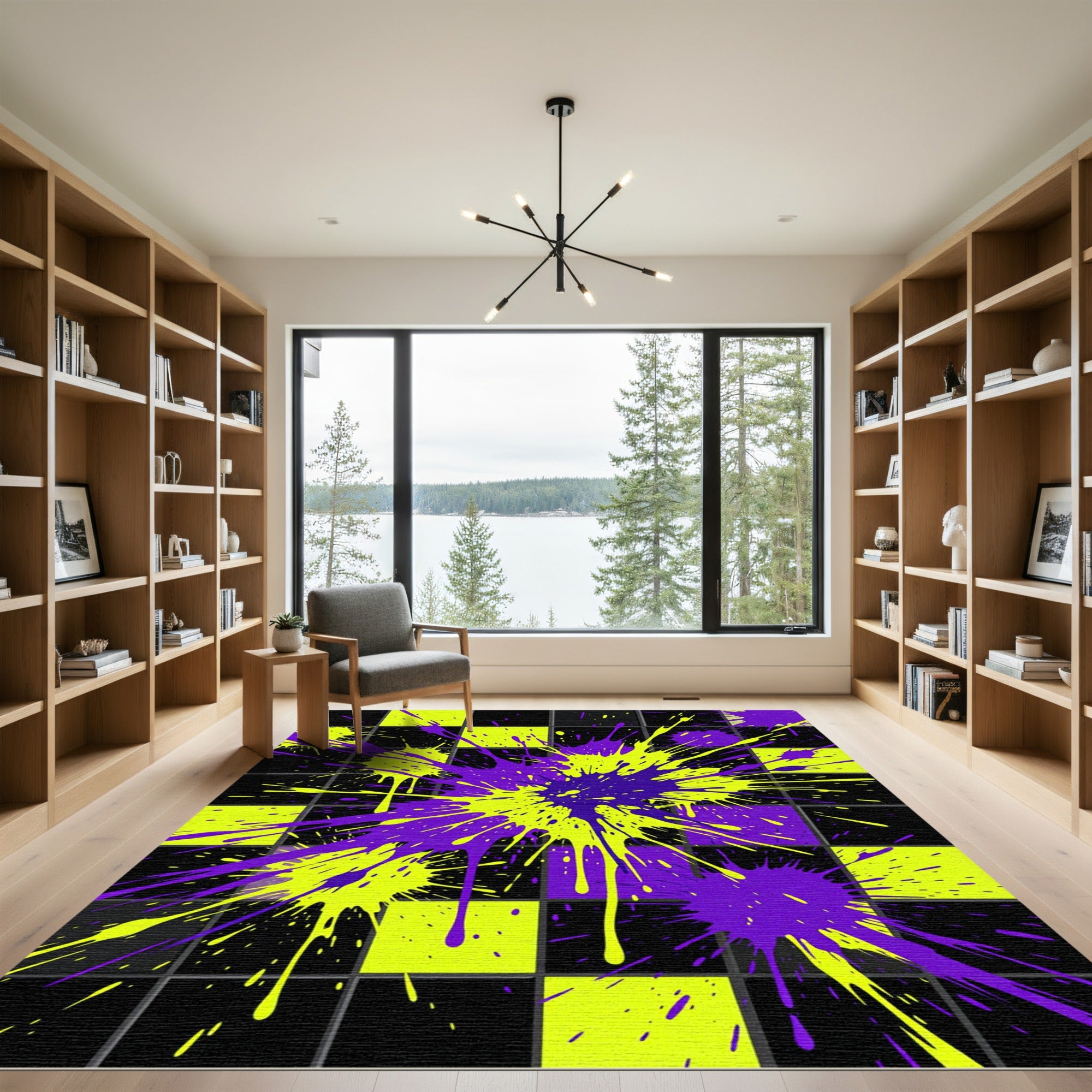 Electric Neon Splatter Checkered Rug