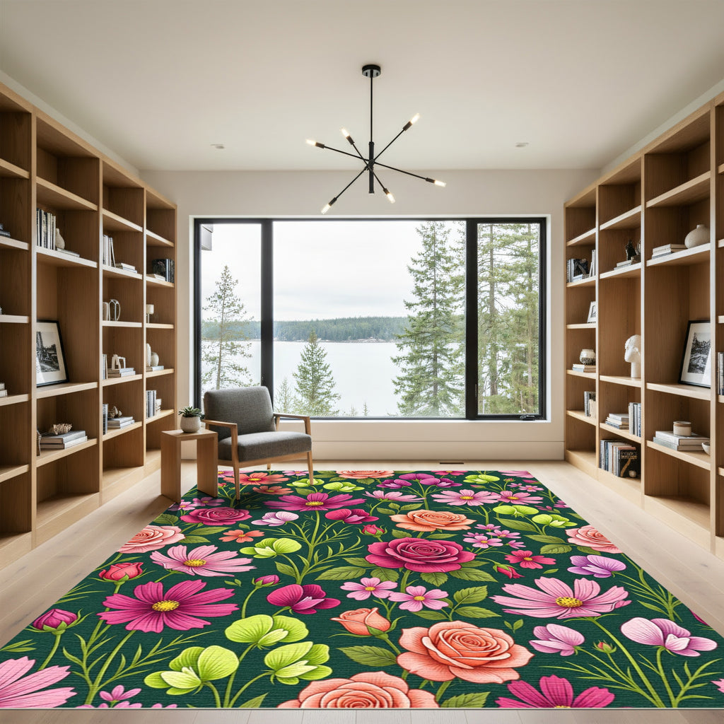 Vibrant Pink Rose Botanical Meadow Rug