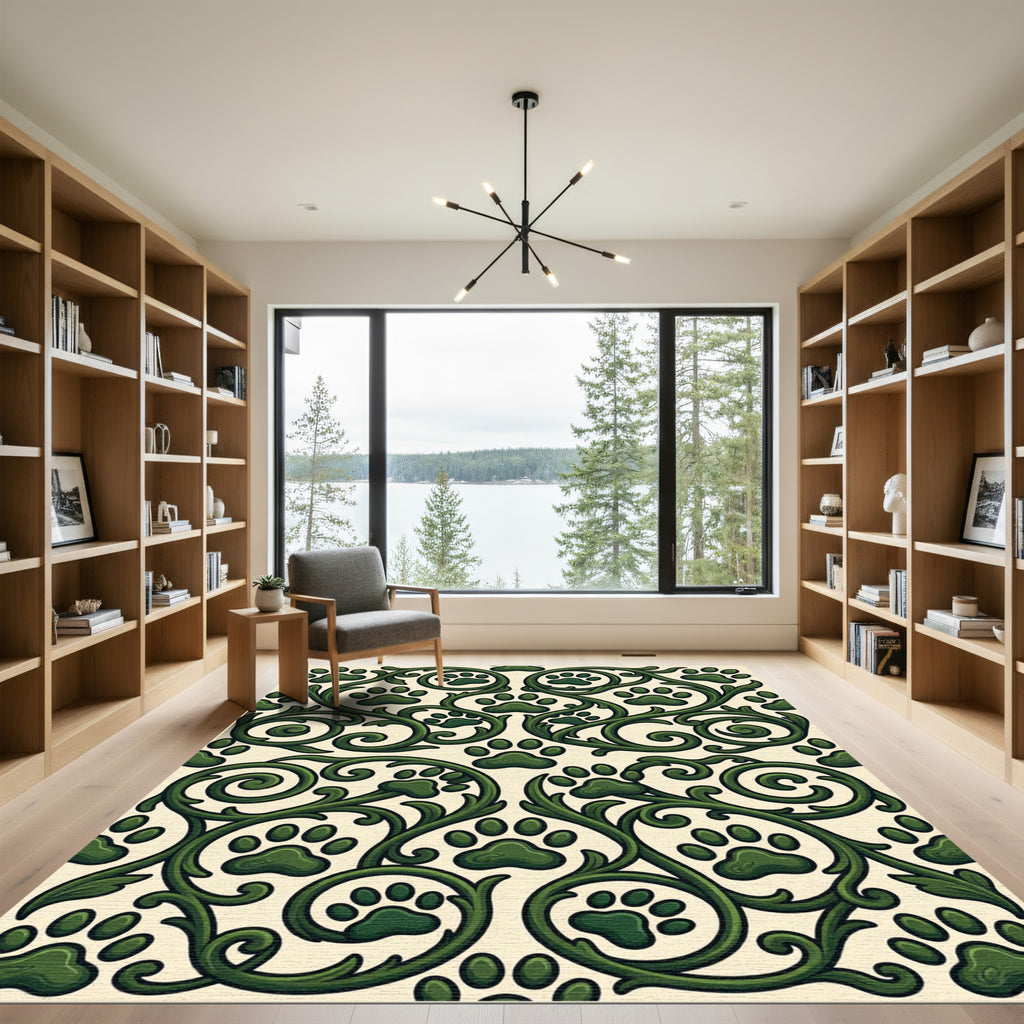 Emerald Scrollwork Paw Print Botanical Rug