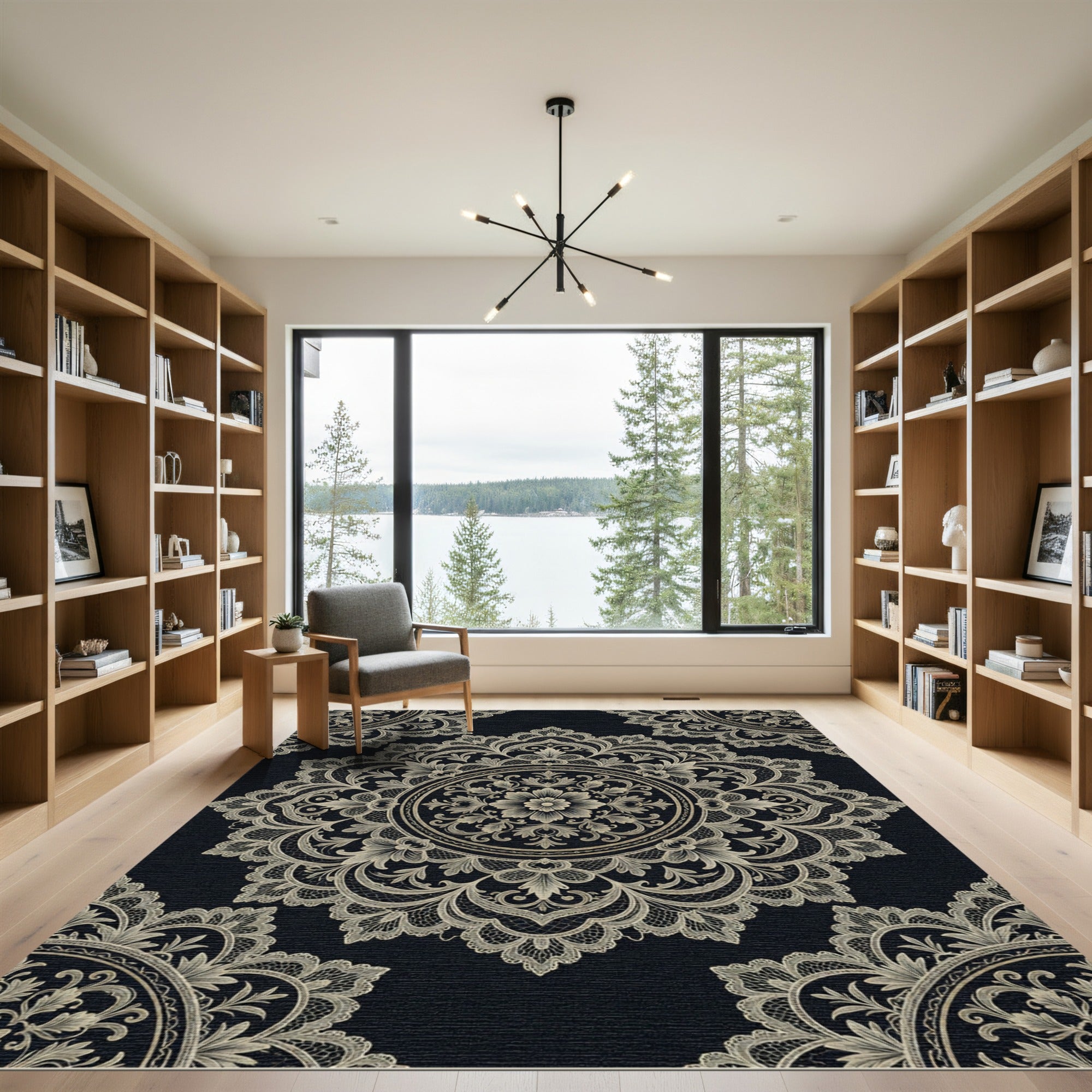 Elegant Black and Gold Lace Medallion Rug