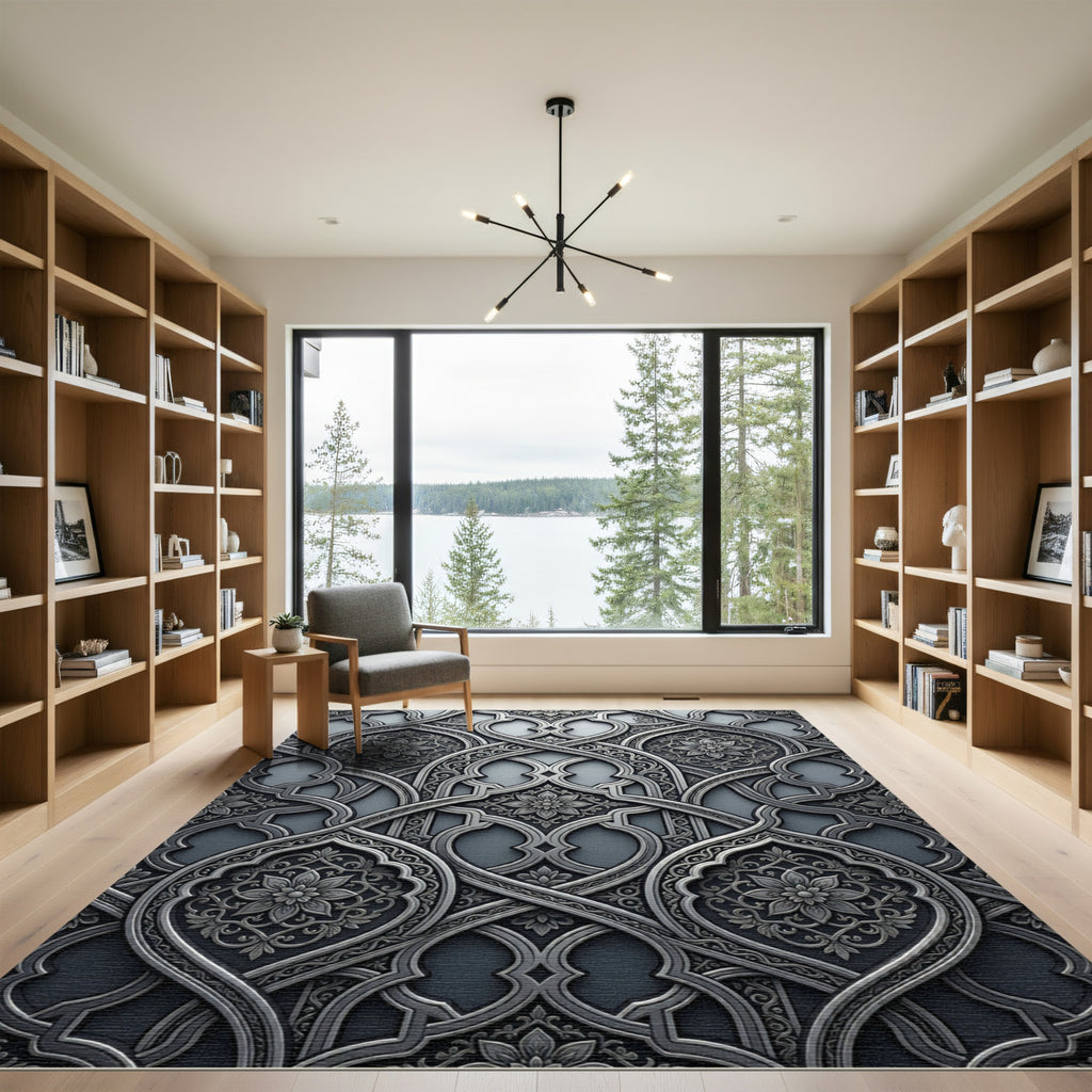 Ornate Gray Floral Arabesque Rug
