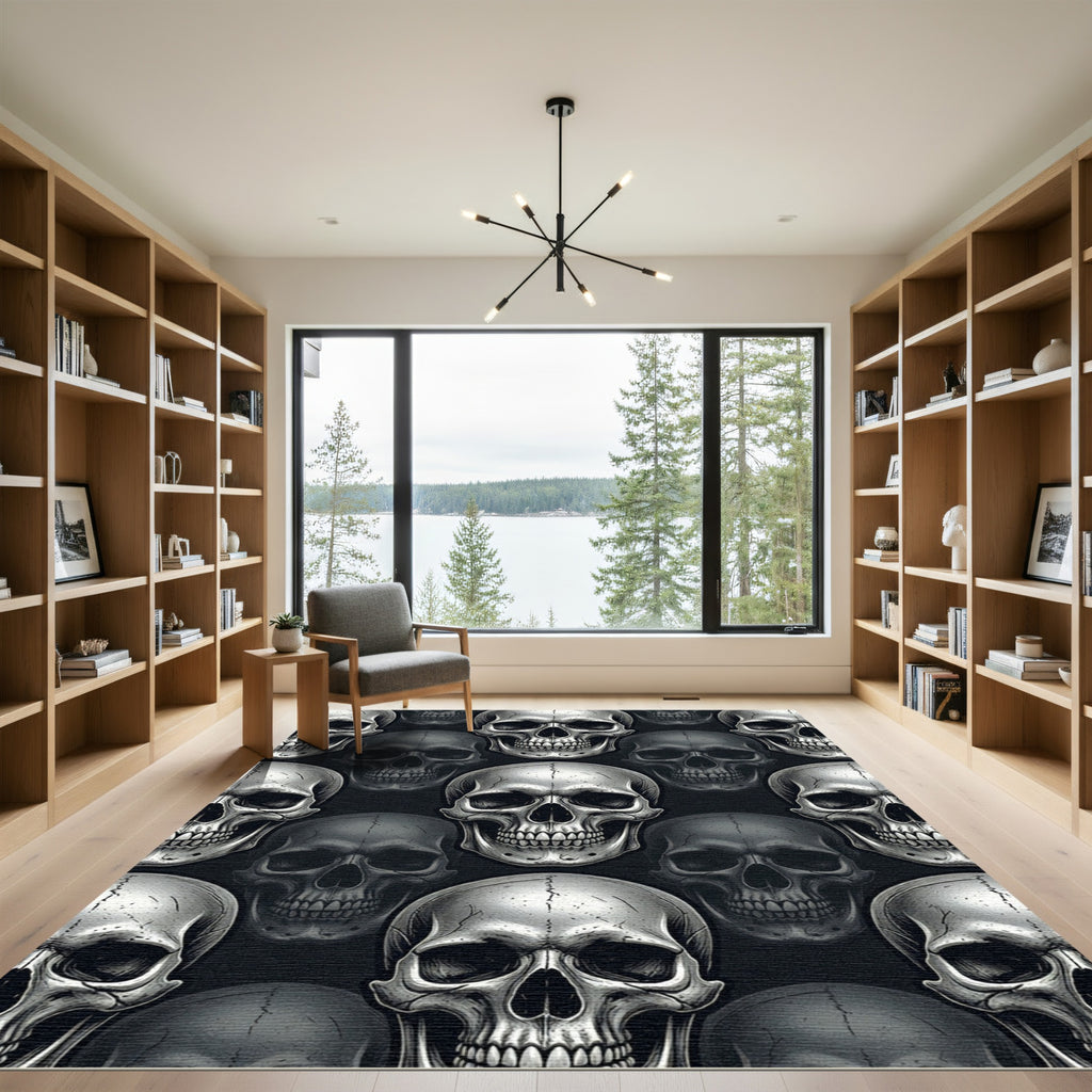 Monochrome Detailed Skull Repeat Art Rug