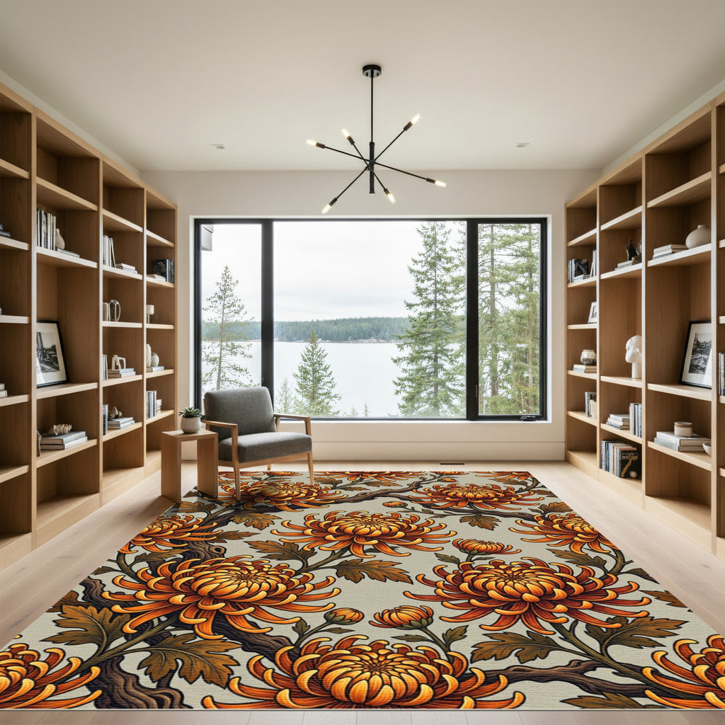 Golden Orange Chrysanthemum Blossom Branches Rug