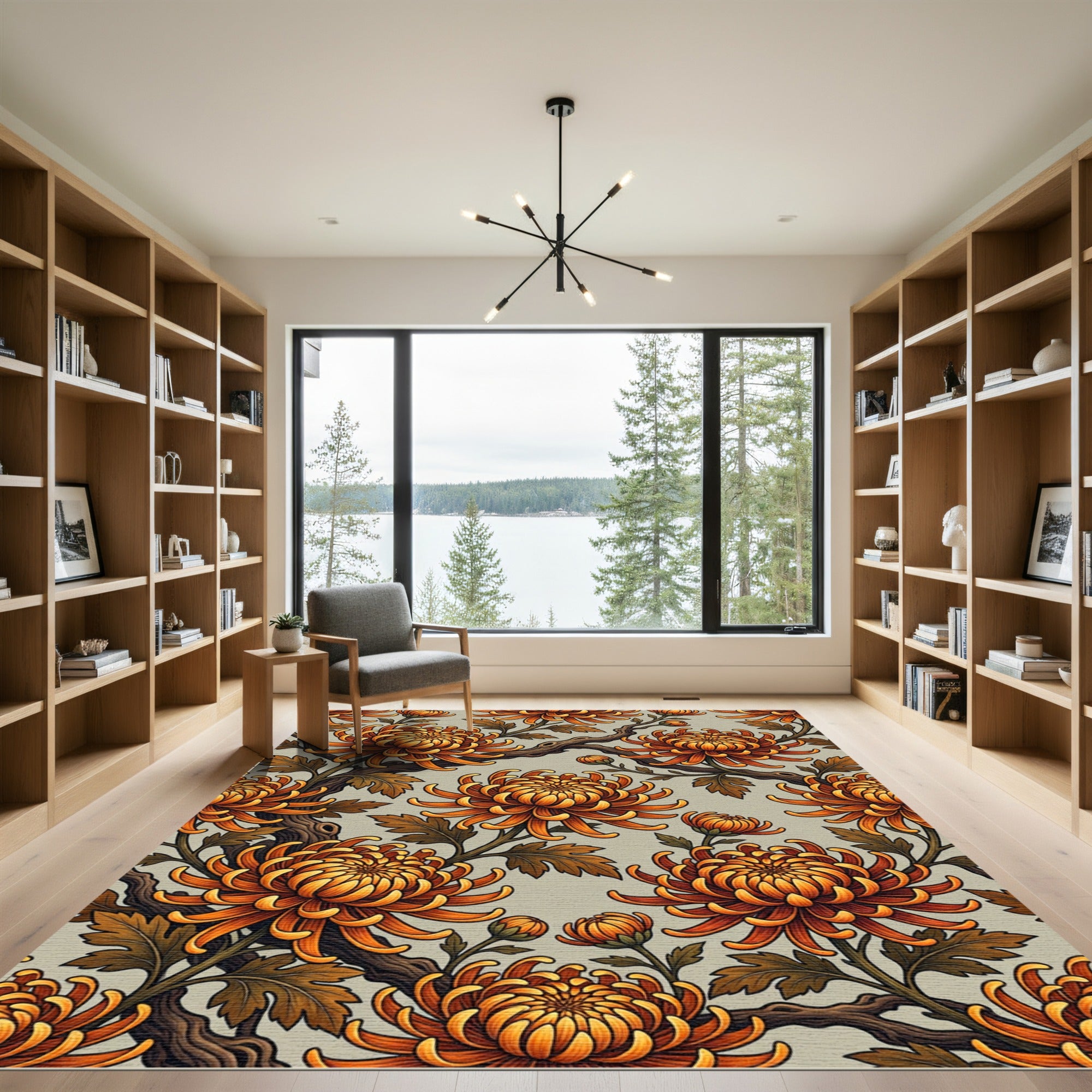 Golden Orange Chrysanthemum Blossom Branches Rug
