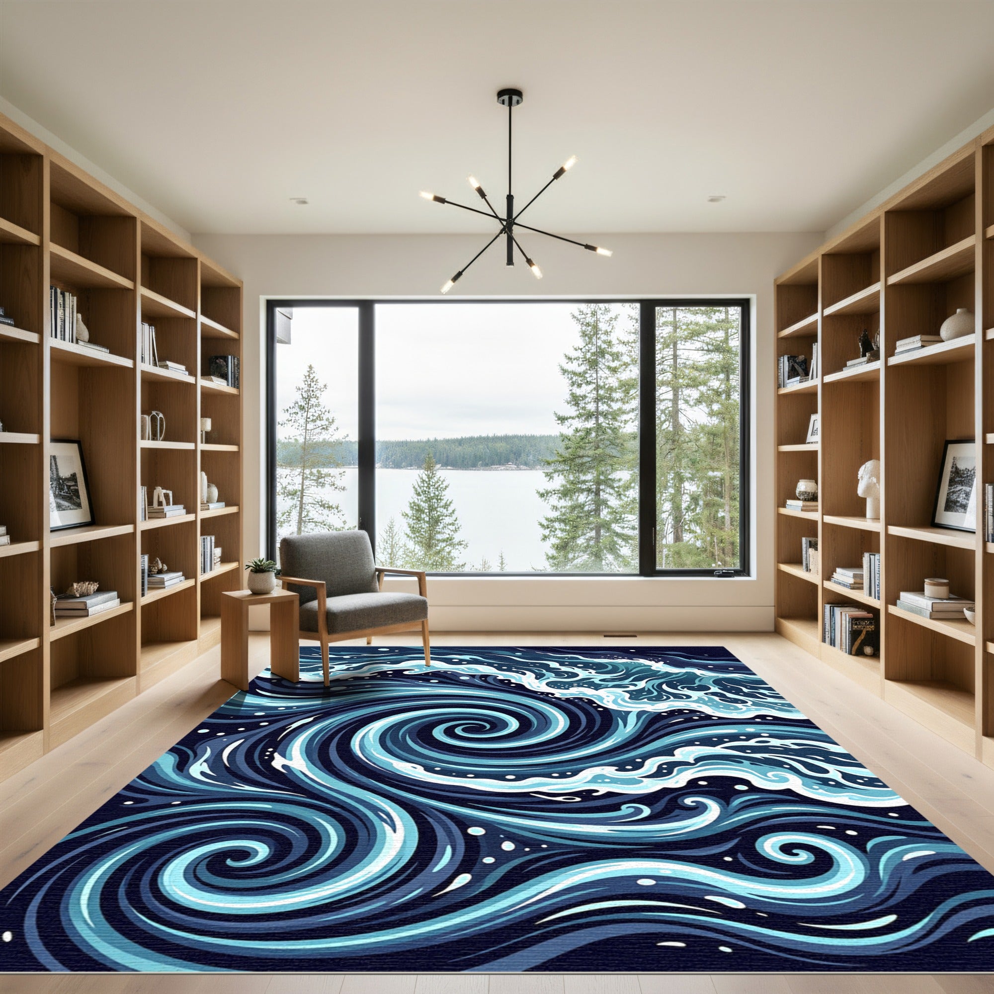 Deep Blue Swirling Ocean Wave Rug