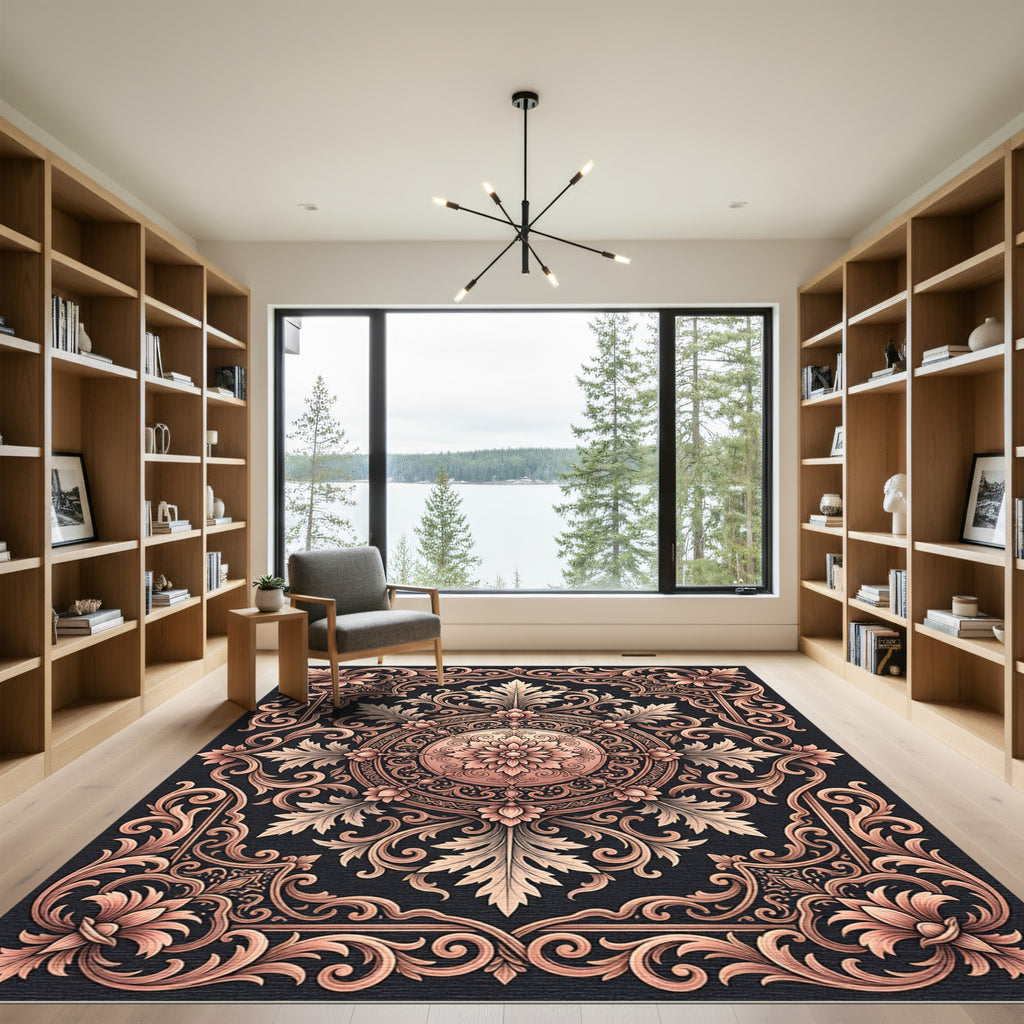 Ornate Rose Gold Floral Scrollwork Rug