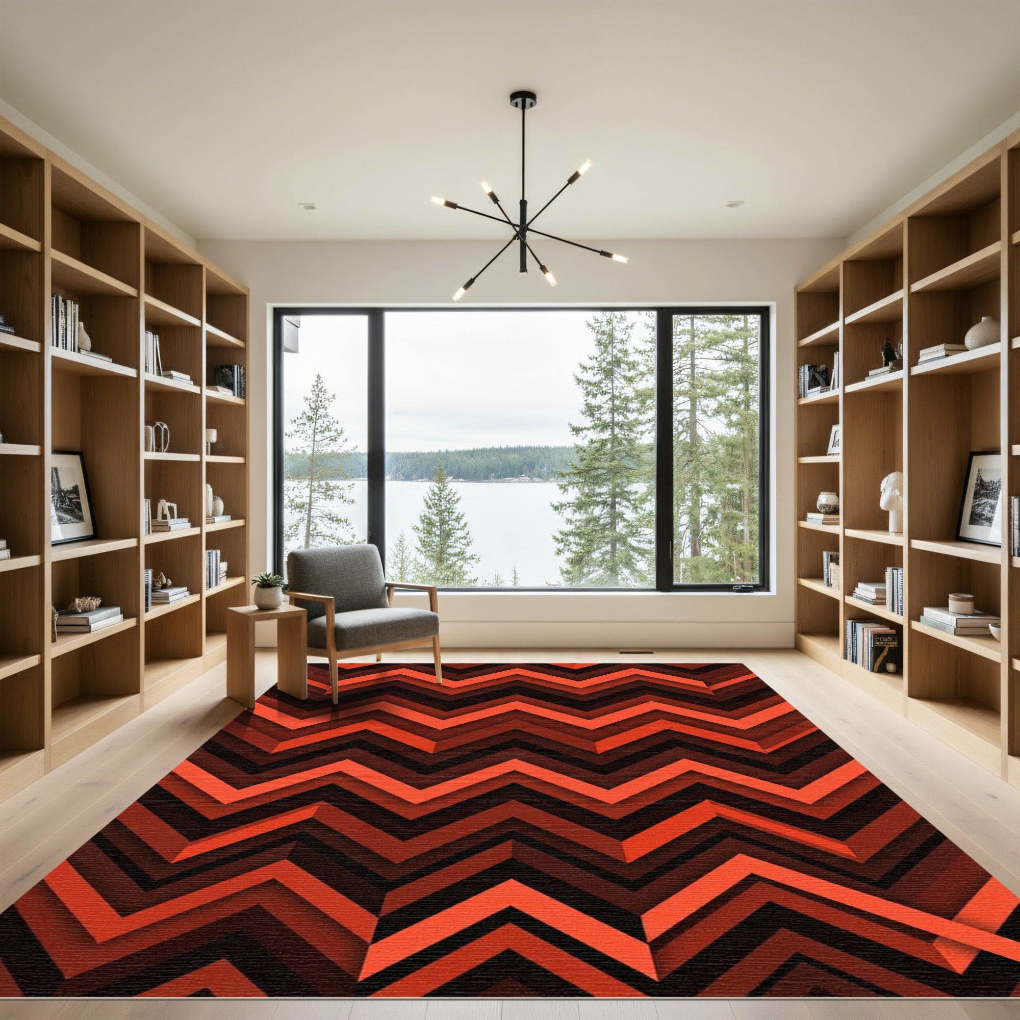 Deep Orange Chevron Layered Abstract Rug