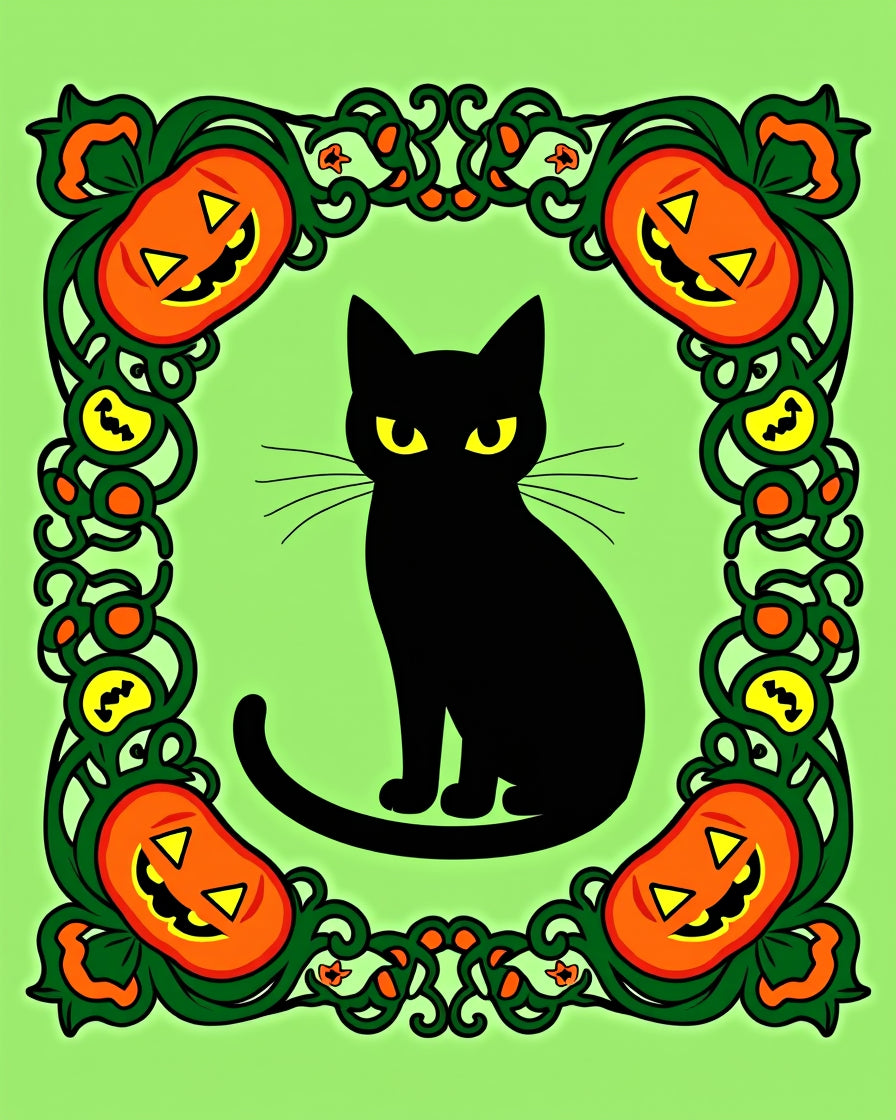 Spooky Black Cat Orange Pumpkin Border Rug