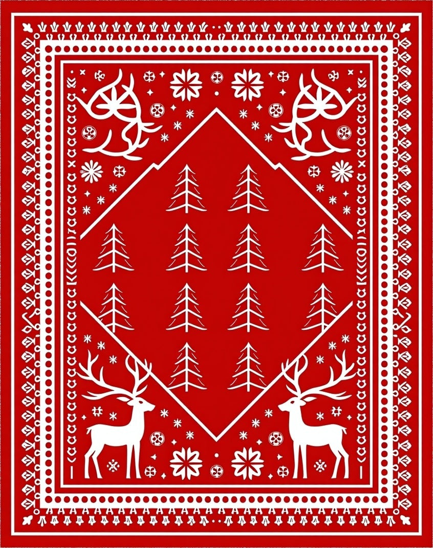 Red White Christmas Deer Tree Frame Rug