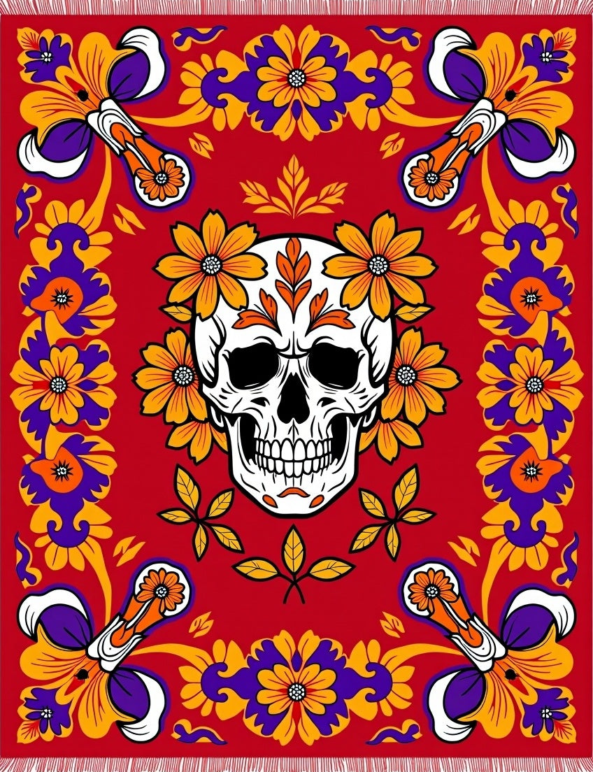 Vibrant Skull Floral Border Red Rug