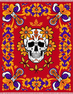 Vibrant Skull Floral Border Red Rug