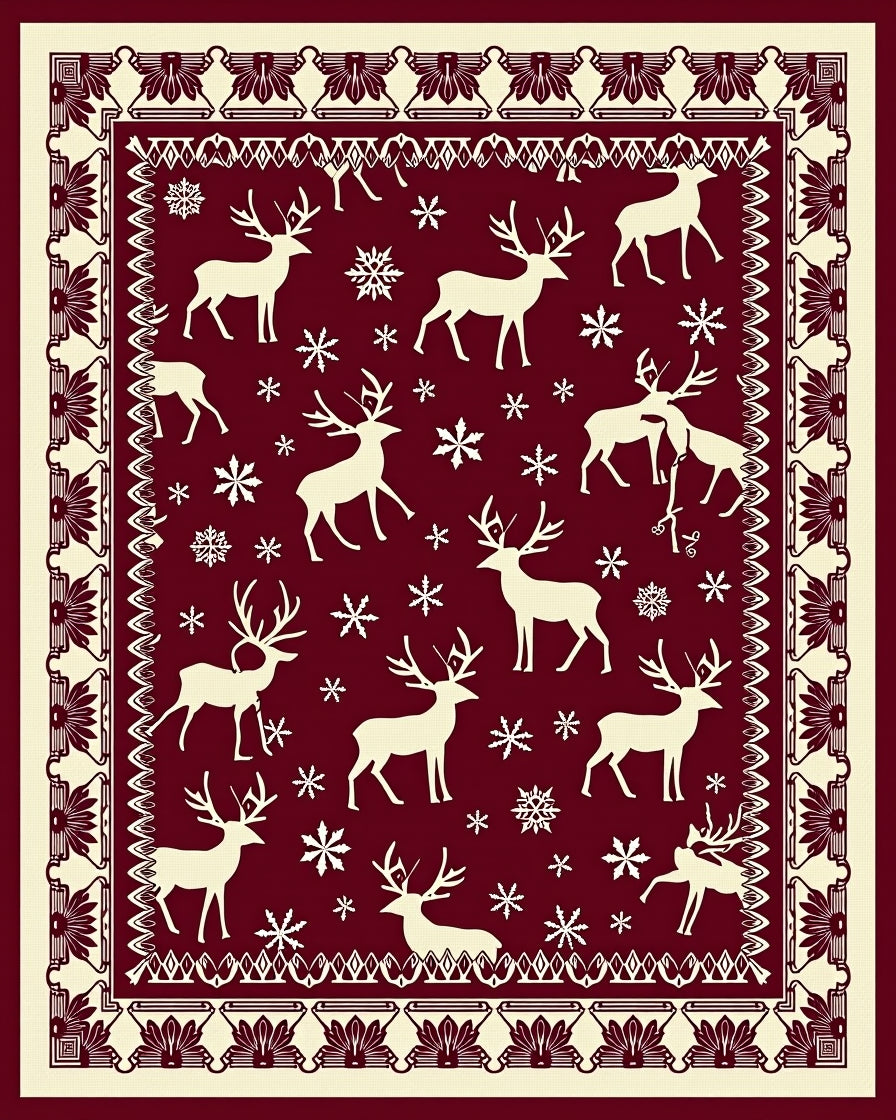 Deep Red Reindeer Snowflake Border Rug
