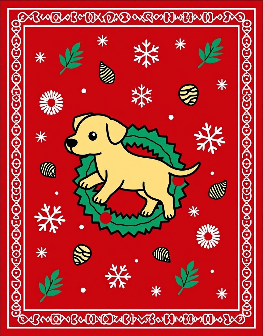 Golden Puppy Wreath Christmas Red Rug