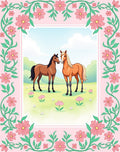 Pink Floral Border With Two Horses Rug