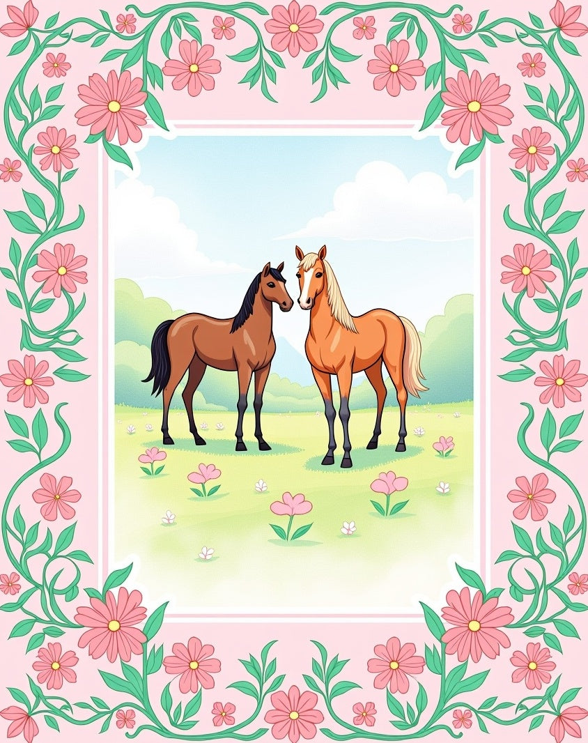 Pink Floral Border With Two Horses Rug