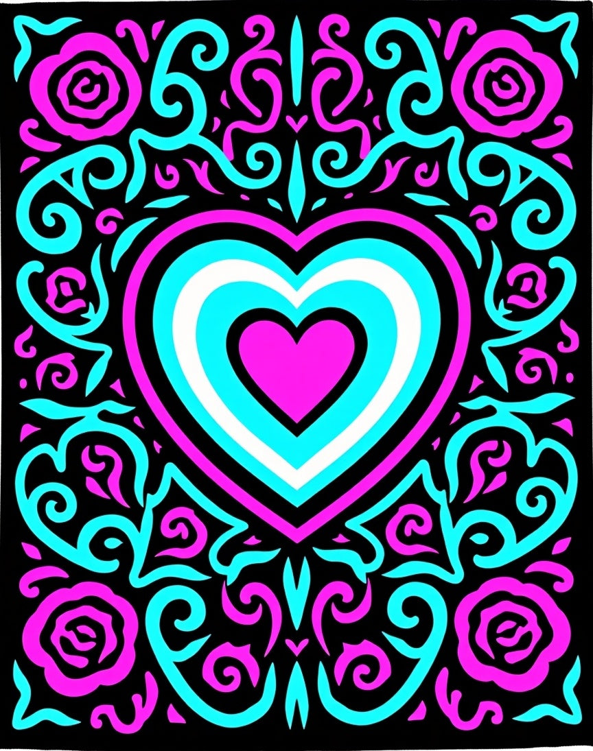 Vivid Pink Aqua Heart Floral Swirls Rug