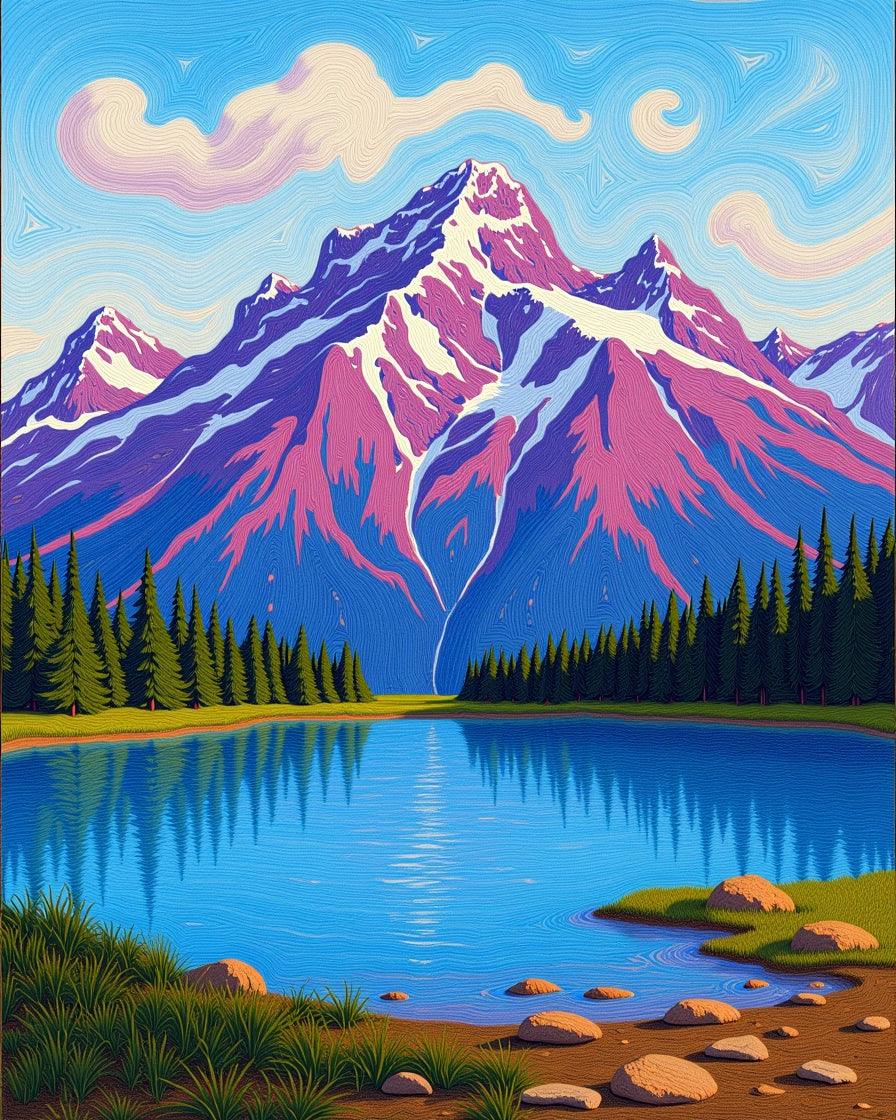 Vibrant Mountain Lake Woodland Scene Rug