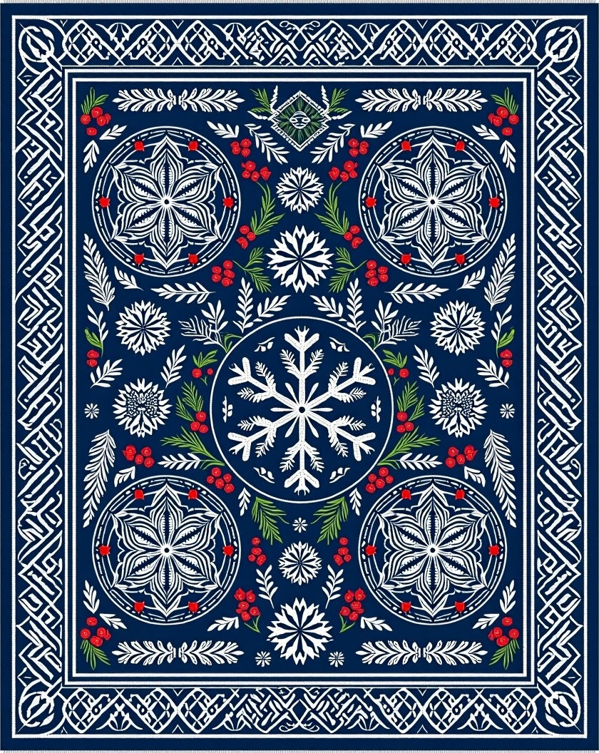 Deep Blue Winter Snowflakes Berry Medallion Rug