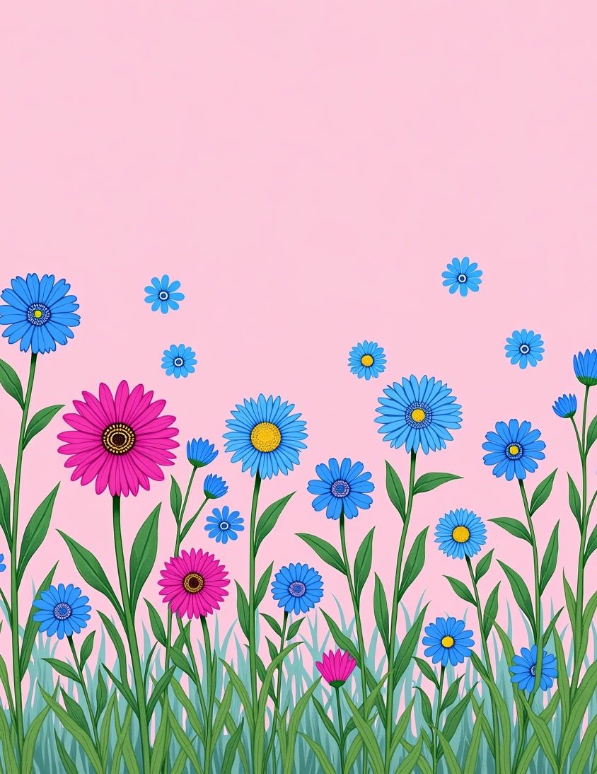 Bright Pink Blue Floral Meadow Rug