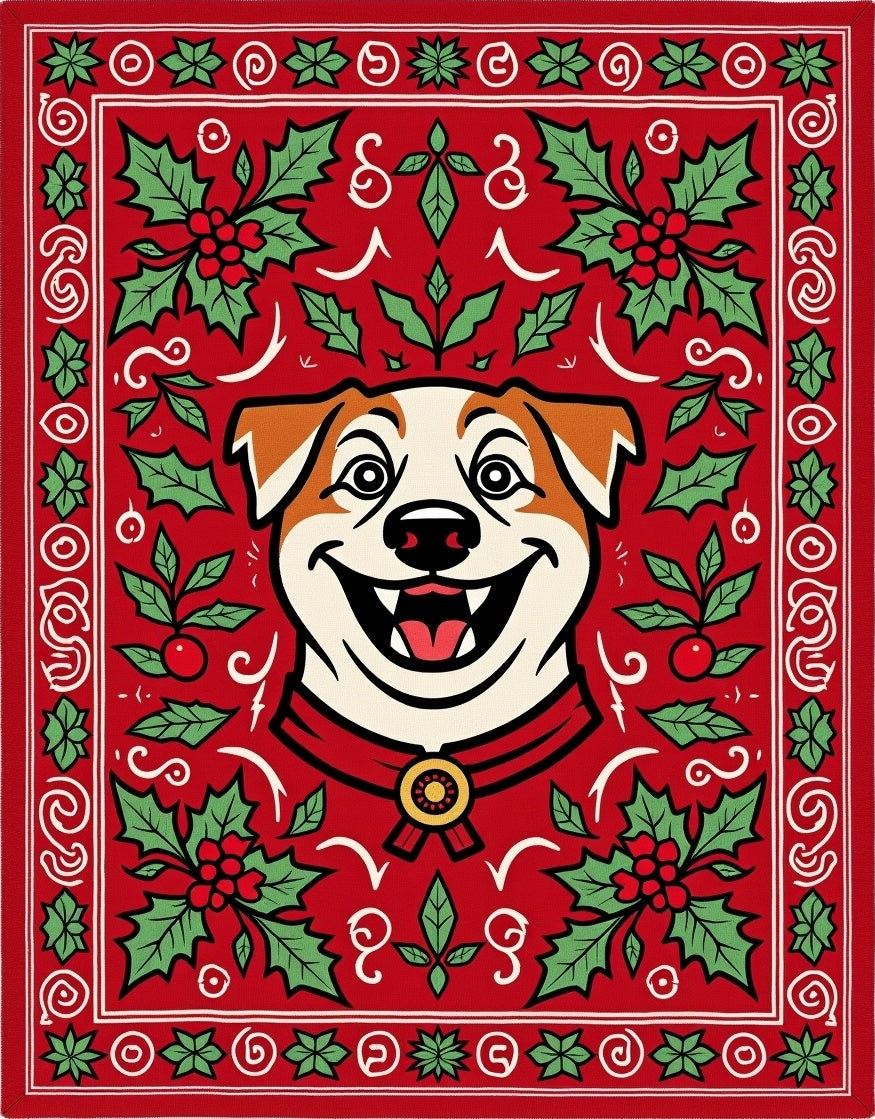 Joyful Red Holly Dog Medallion Rug