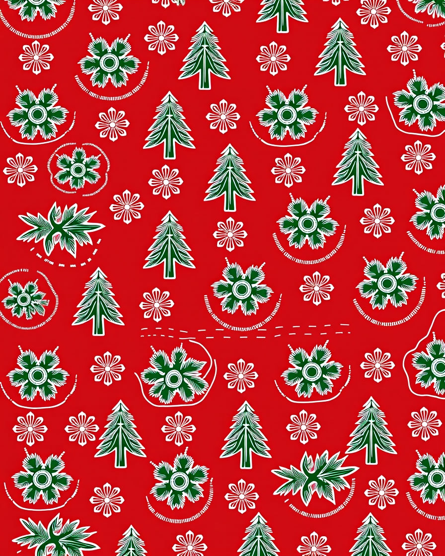 Festive Red Green Christmas Trees Snowflakes Rug