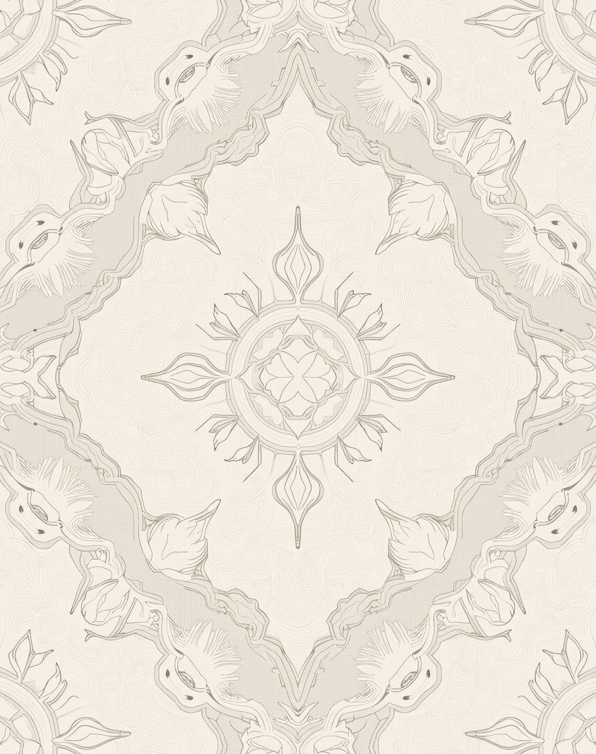 Neutral Beige Floral Medallion Mandala Rug