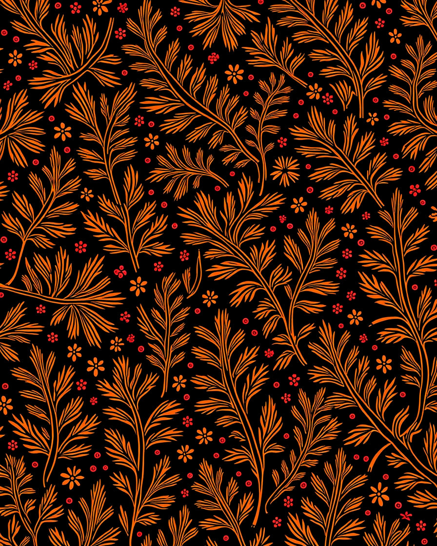 Orange Floral Vine Botanical Black Rug