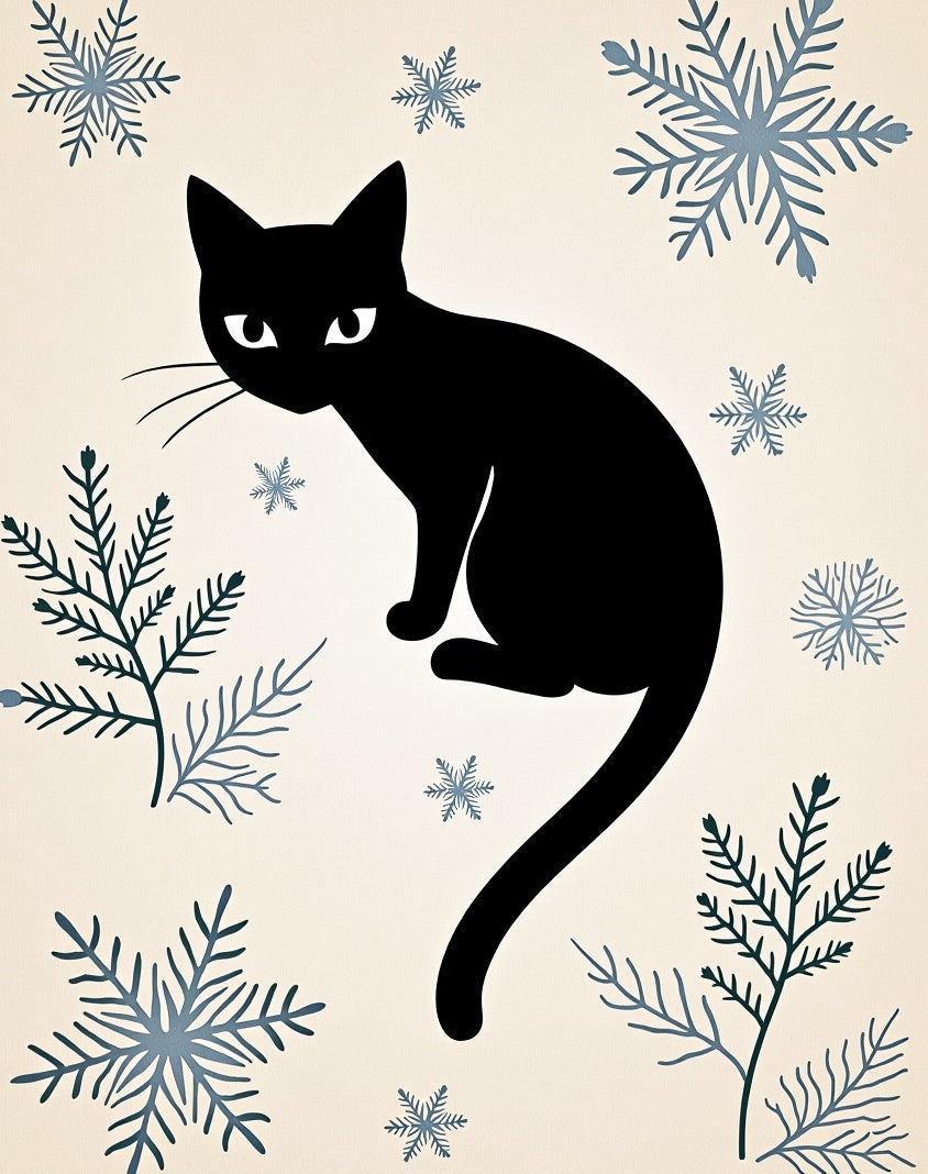 Black Cat With Winter Snowflakes Rug
